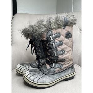 Sorel Tofino SNOW Boots Distressed Metallic Faux Fur Lace Up Size Women’s 8
